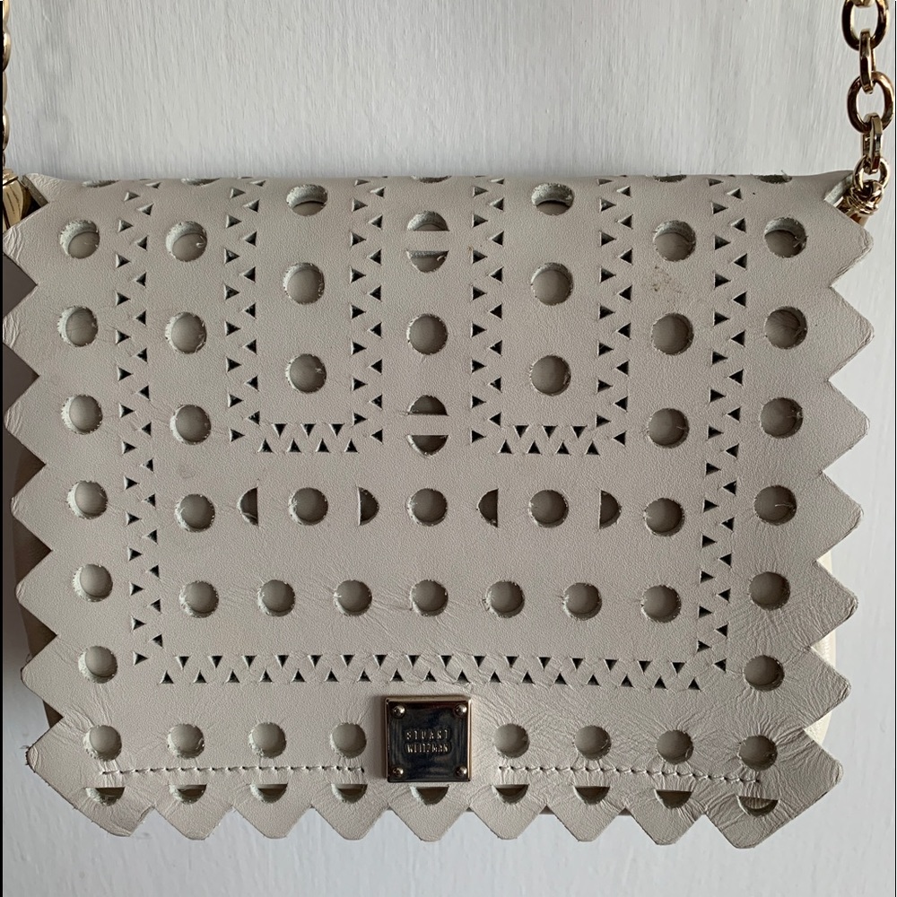 Stuart Weitzman White Leather Flap Over Gold Chain Peekaboo Cutouts Style